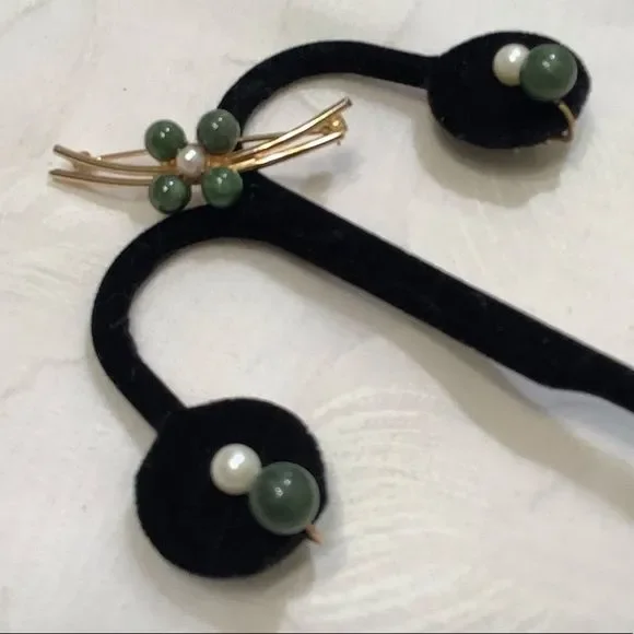 Vintage Burt Cassell 12K GF Jade And Pearl Set - Picture 2 of 6